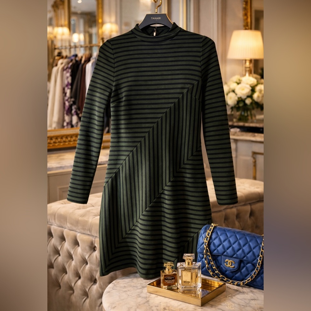 Hutch Geometric Stripe Knit Dress — Olive & Black | Size XS